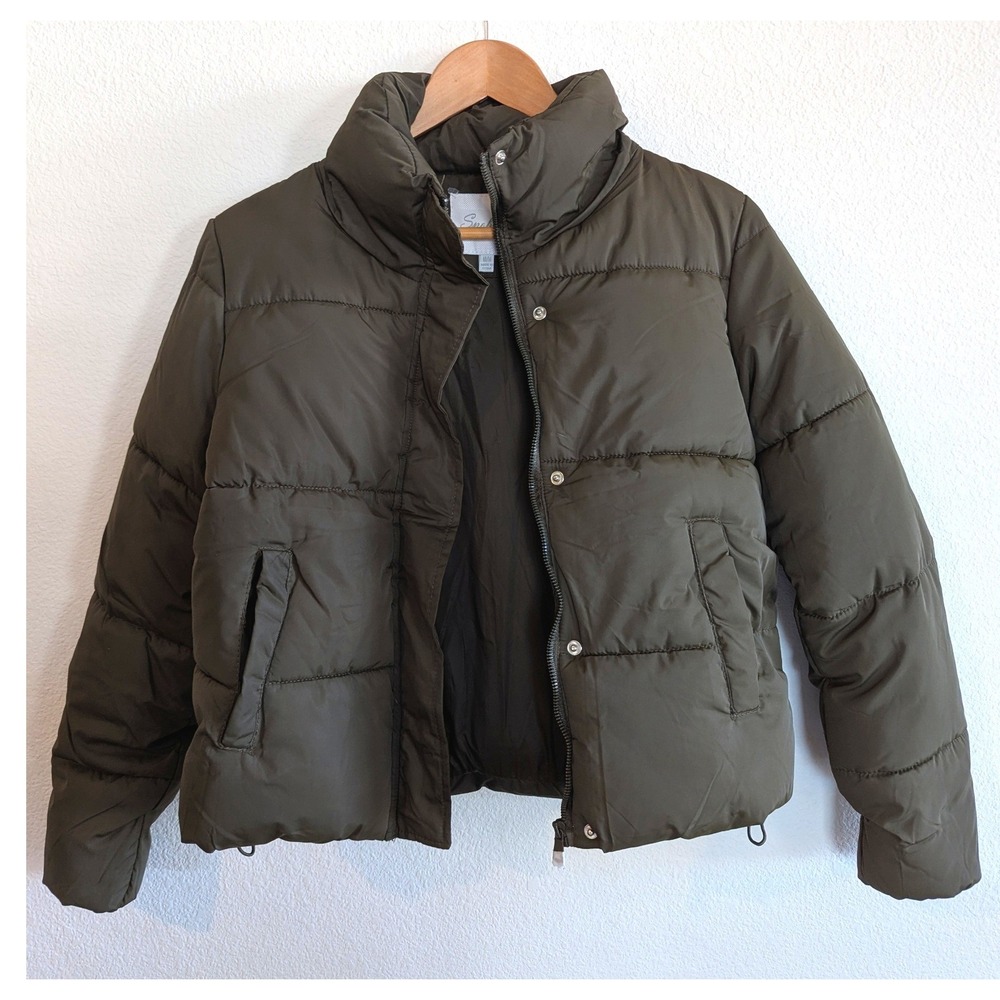 Snobbish Olive Grn Cropped Puffer Jacket Girls XL Womens XS Quilted Winter Coat